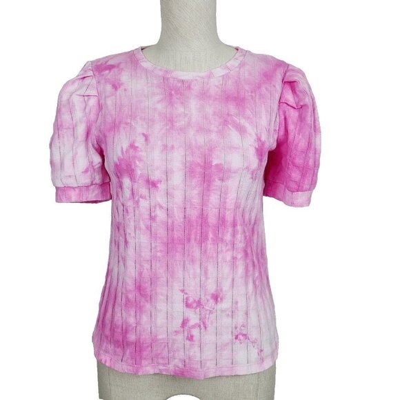 Anthropologie Tops - Anthropologie Top S Pink Knit Tie Dye Puff Sleeve Pullover Short Sleeve Shirt